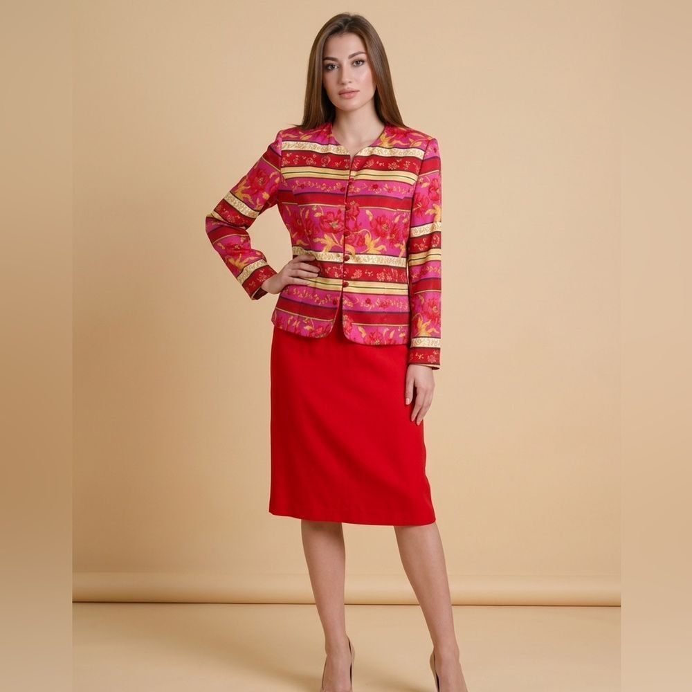 Vintage Sag Harbor 80s 2 piece Suit Jacket & Red Skirt Business Church - Size 12